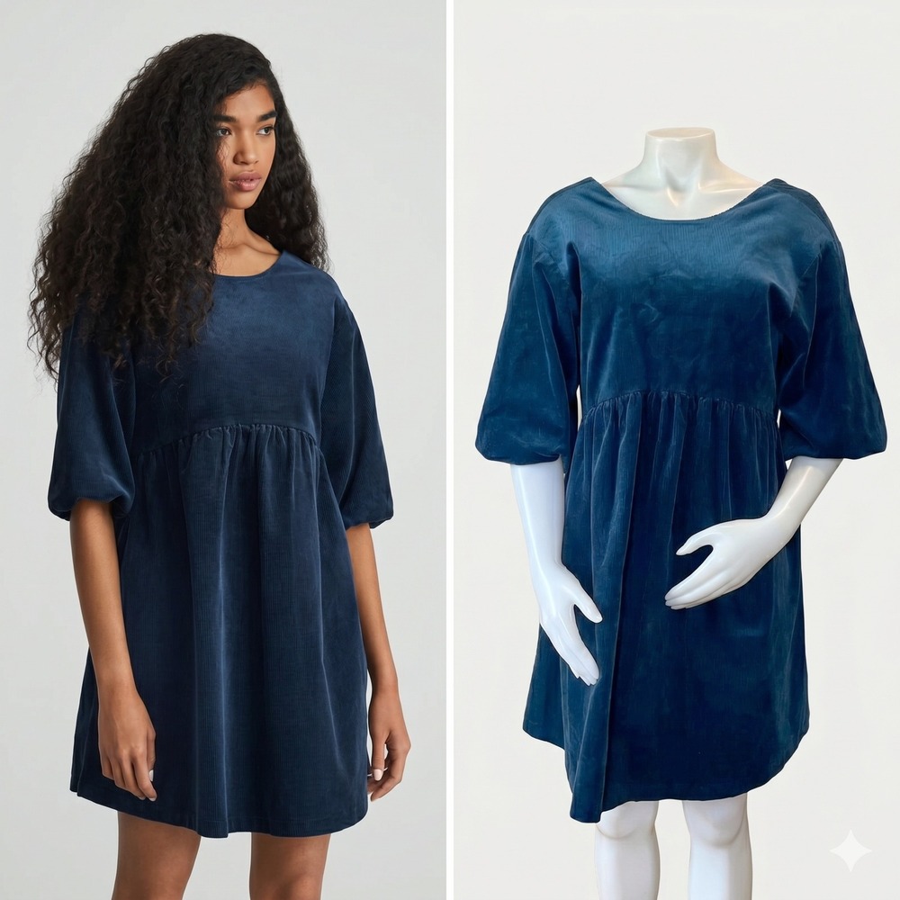 Everlane‎ Navy Blue Corduroy Puff Sleeve Scoop Back Babydoll Mini Dress Small